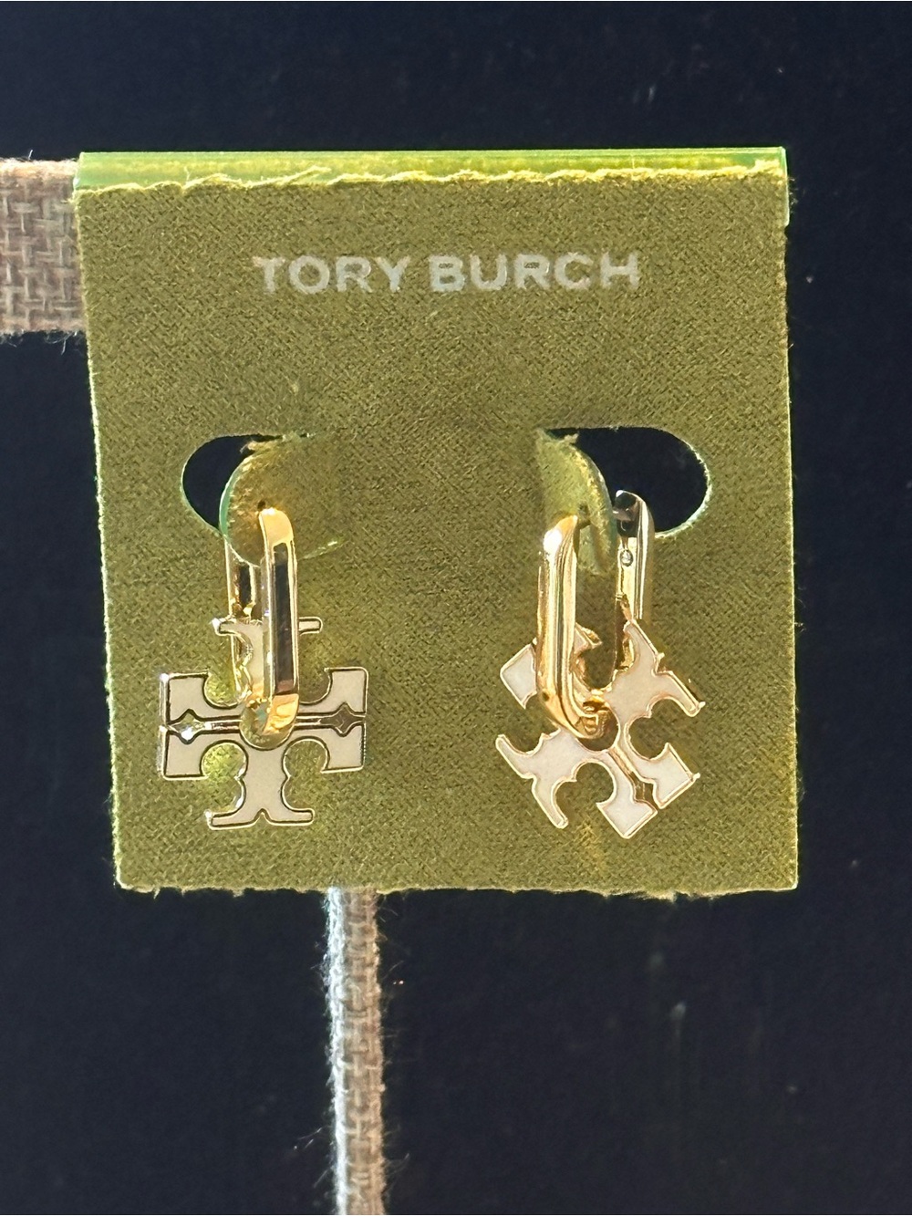 Tory Burch Gold and Cream Double Logo Huggie Earrings